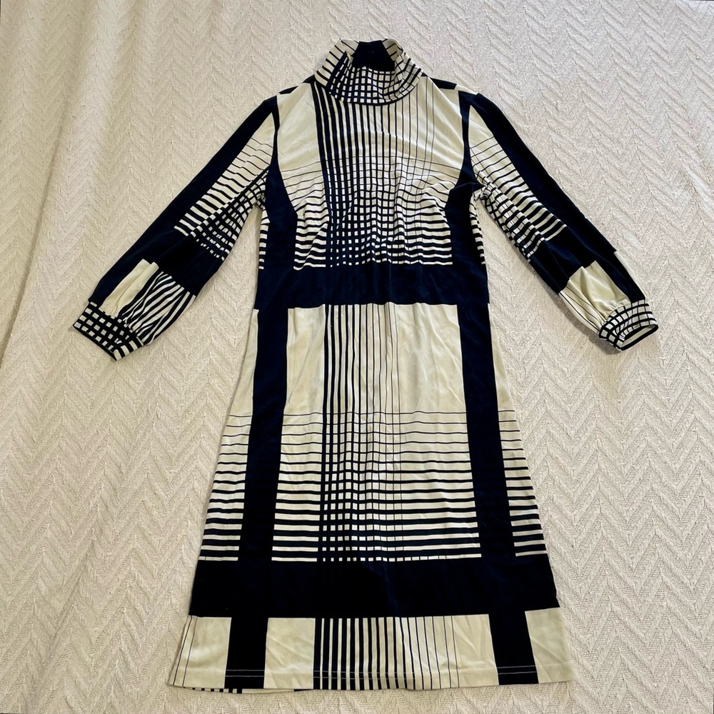 Julie Brown Sz S High-neck Elegant Black & Striped Dress Long Sleeves Minimalist